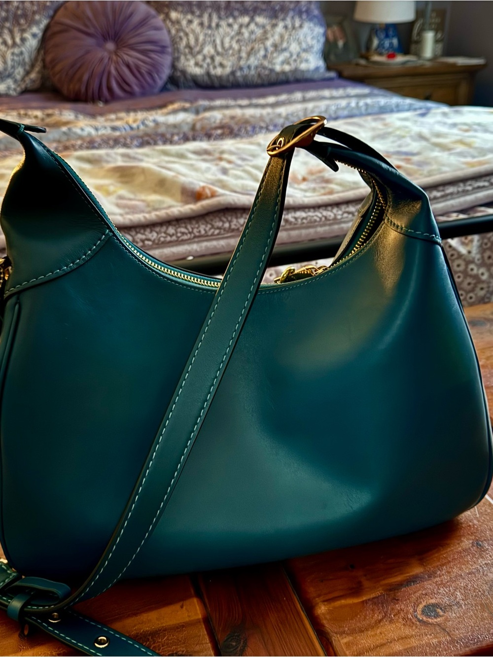 Coach Teal Leather Shoulder Hobo with Gold Charm Chain - Picture 2 of 4